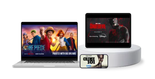 Three devices display different TV shows. A tablet screen showing Daredevil - Born Again, a laptop showing One Piece: Into the grand line, and a smartphone showing Crime 101.