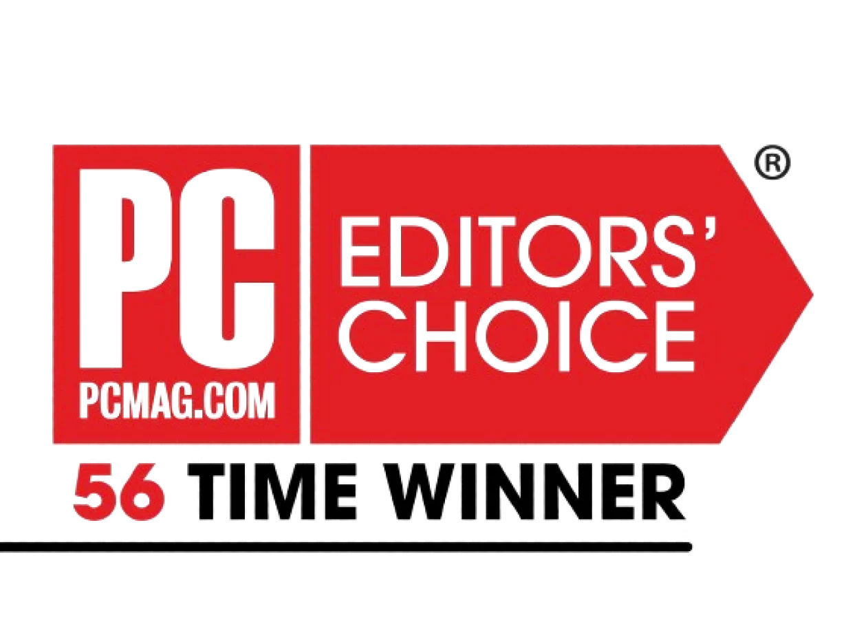 An image showing PC Mag logo and website and Editor's choice registered trademark with a text below saying '56 time winner'.