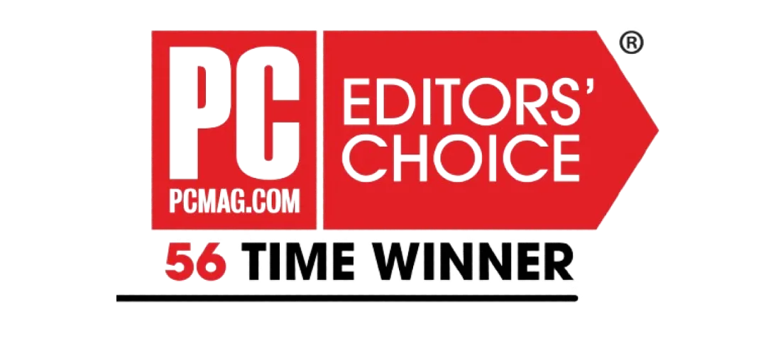 An image showing PC Mag logo and website and Editor's choice registered trademark with a text below saying '56 time winner'.