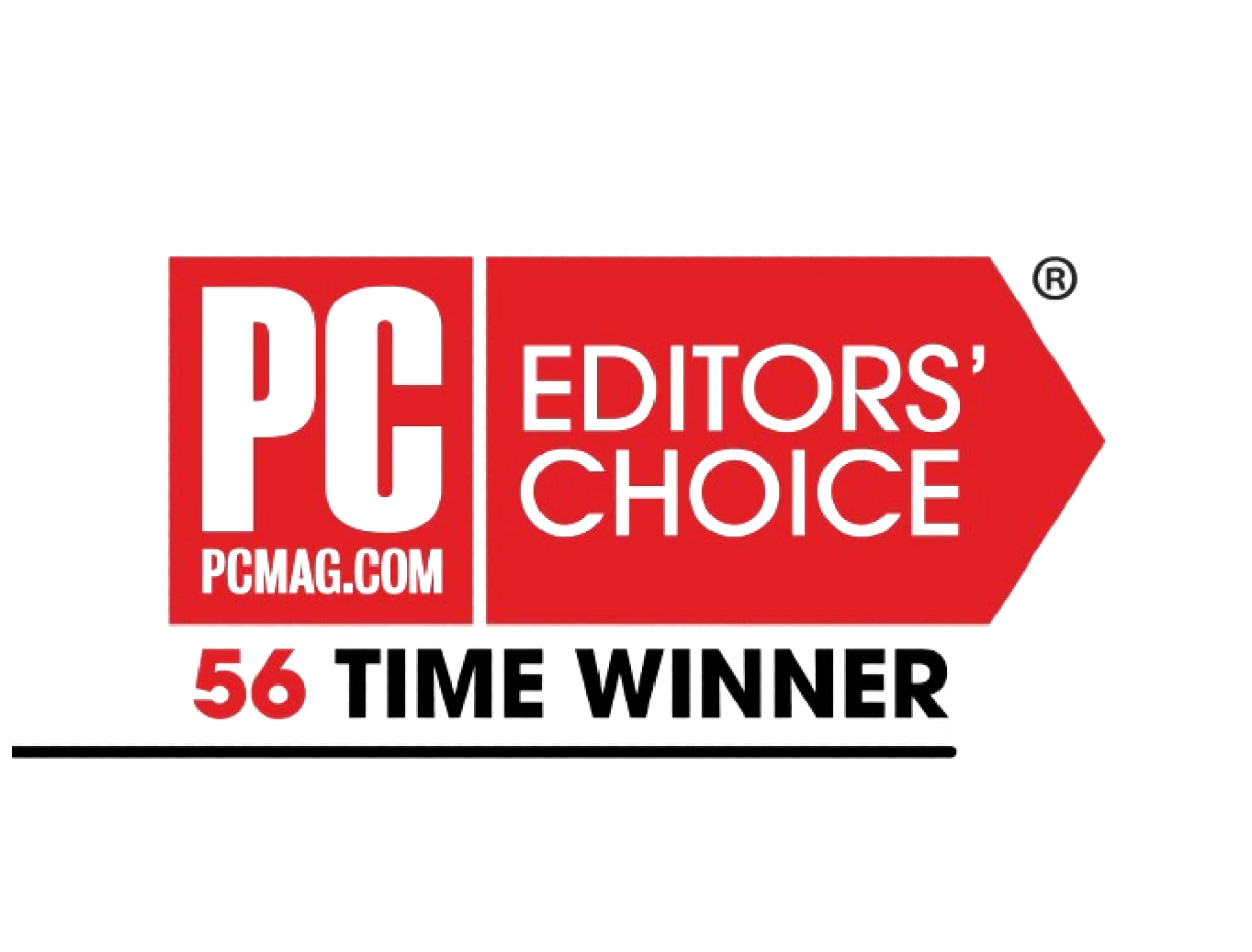 An image showing PC Mag logo and website and Editor's choice registered trademark with a text below saying '56 time winner'.