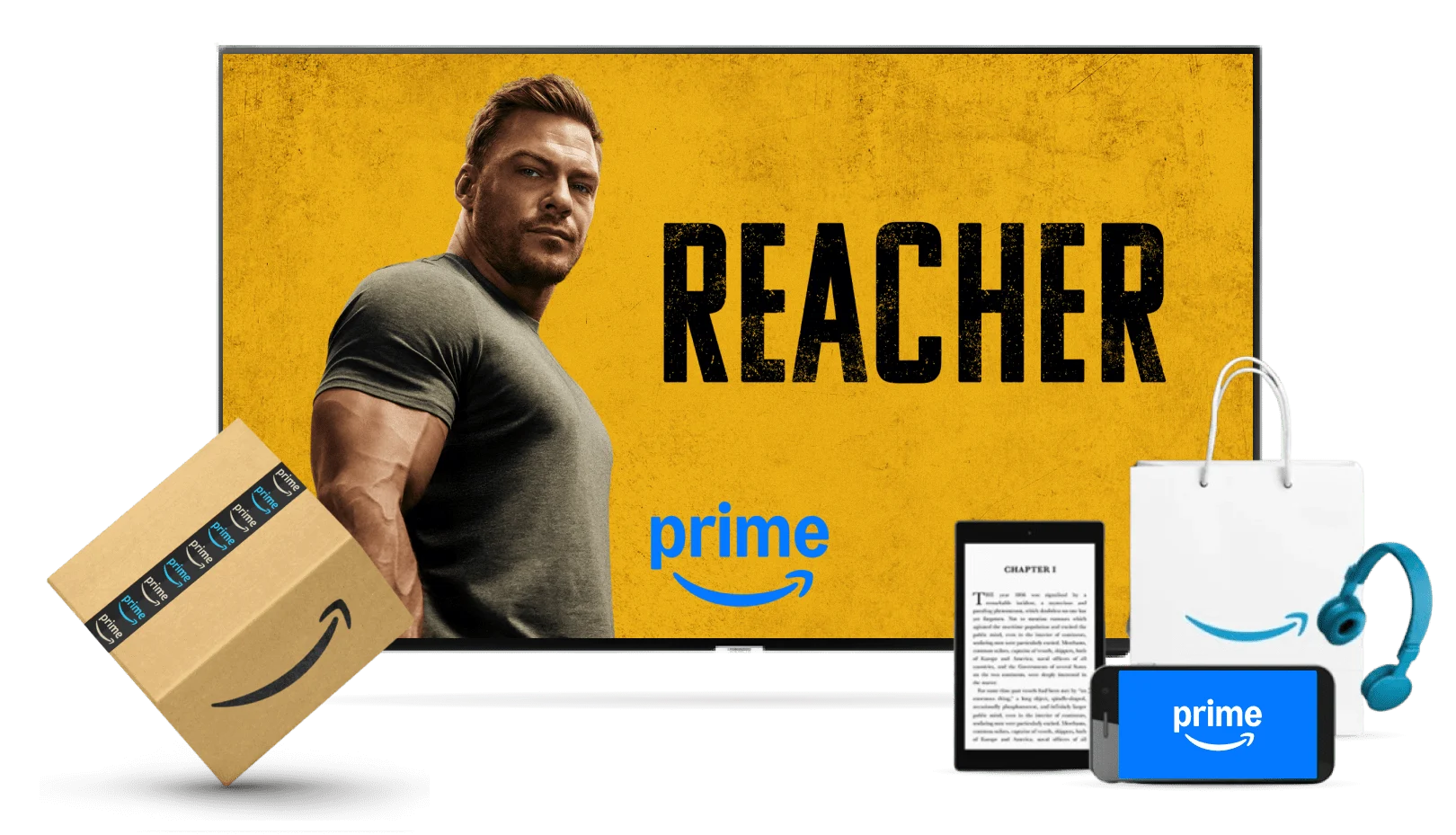 Amazon Prime, image shows amazon parcels, a Kindle e-reader, a smartphone, headphones and a television with a poster for The Rings of Power