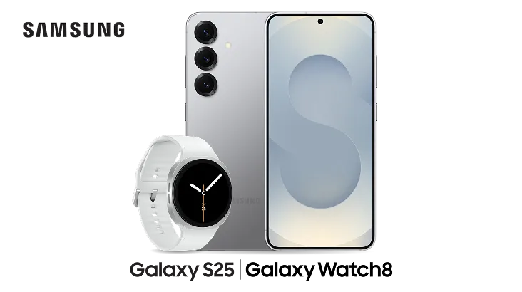 The front and back view of Samsung Galaxy S25 sitting slightly behind a pair of Galaxy Buds3 and Watch8.
