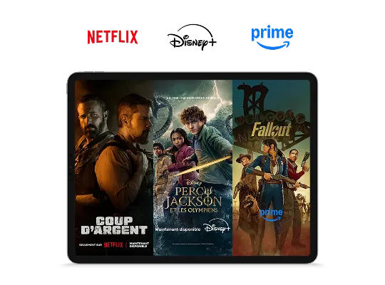 TELUS EnContinu+ affiches pour « Coup d’argent » sur Netflix, « Percy Jackson » sur illico+, « Fallout » sur Amazon Prime.