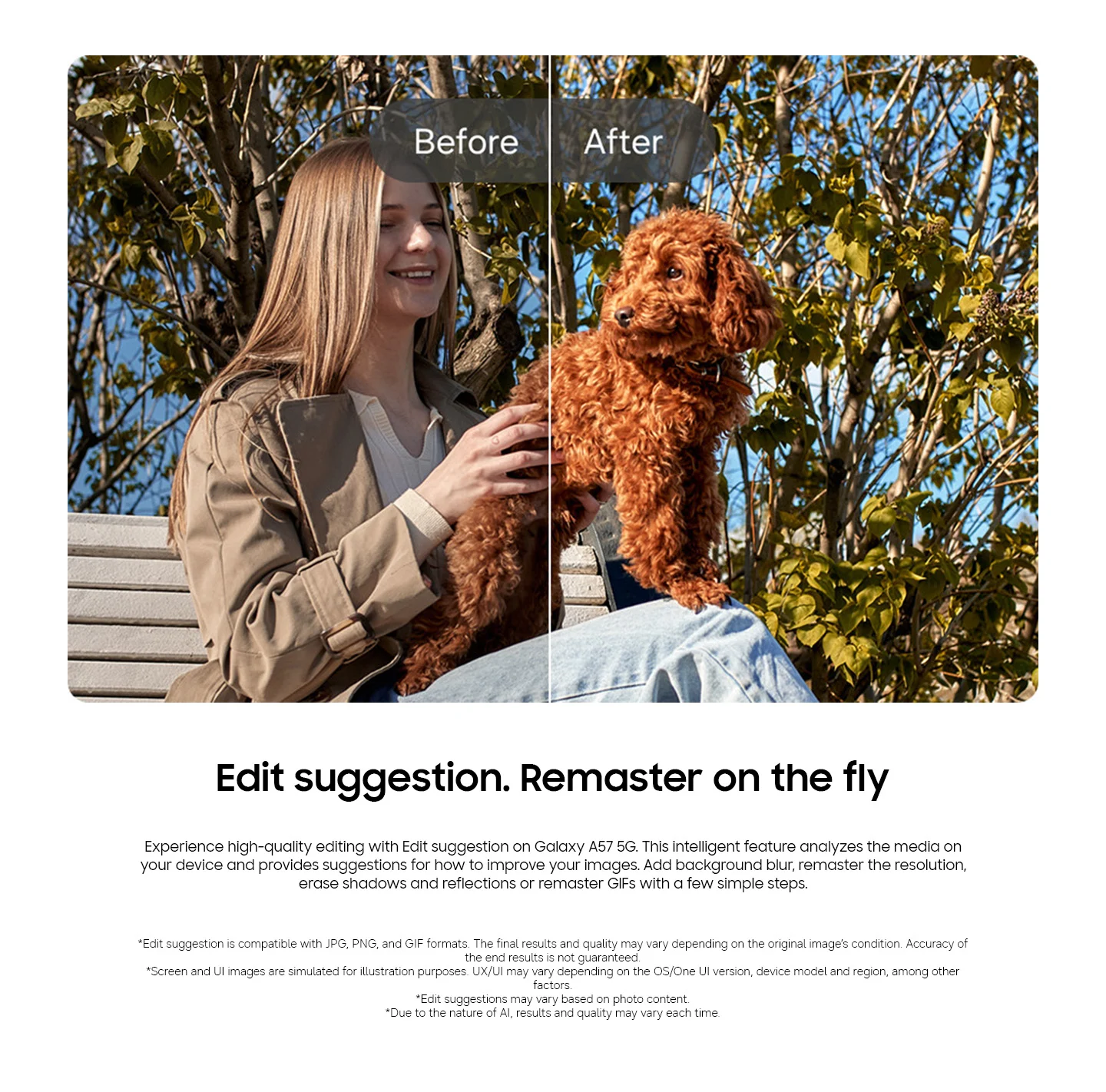 Edit Suggestion on Galaxy A57 5G uses AI to analyze and suggest improvements for your photos, as shown by the before-and-after photo of a girl and a dog.