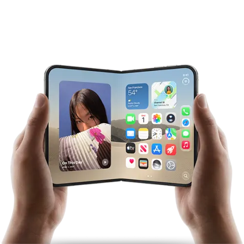 Two hands holding an iPhone Duo and showing its inner display, unfolding like a book.