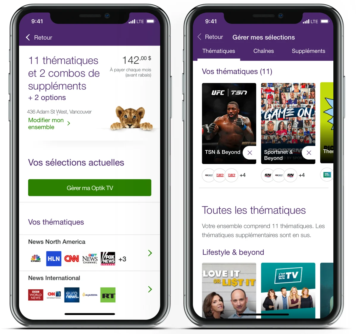 Deux téléphones intelligents montrant l’appli Mon TELUS. Un écran présente un menu pour gérer l’ensemble Télé OPTIK d’un compte et l’autre, une sélection de thématiques.