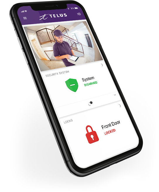 The Telus smart home app on a mobile device with security camera and door lock features.
