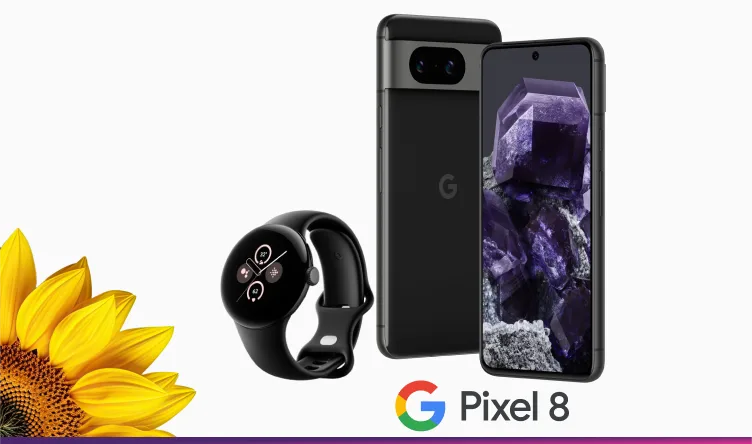 The front and back view of Google Pixel 8 in Obsidian next to the Pixel Watch 2 in Matte Black Aluminium with the Google logo underneath reading “Pixel 8”.  A vibrant sunflower peeks out from the bottom left corner.
