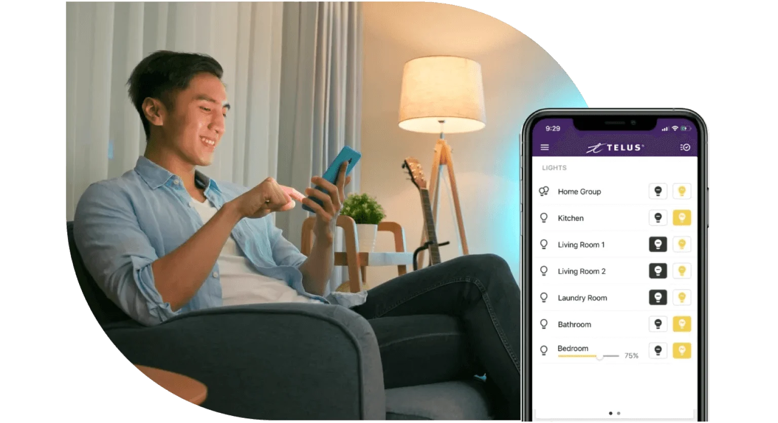An image showing a man using his smartphone alongside an image of a smartphone displaying the TELUS SmartHome app control panel.