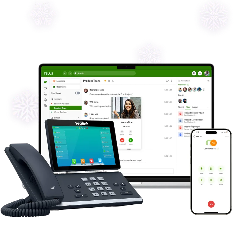 TELUS Business Connect setup showing a desk phone, laptop with team messaging interface, and smartphone with active call screen.