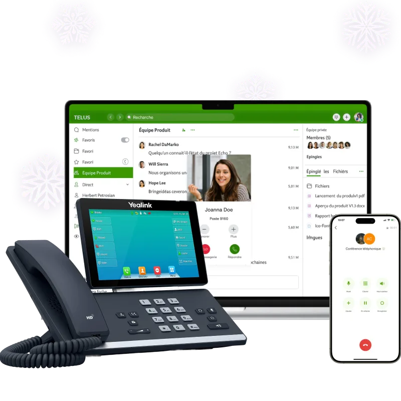 Configuration de TELUS Business Connect montrant un téléphone de bureau, un portable avec interface de messagerie d’équipe et un téléphone intelligent avec un écran d’appel actif.