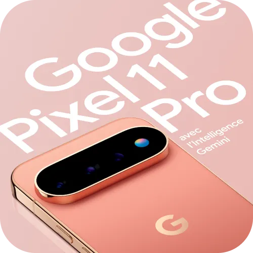 Vue arrière du Google Pixel 11 Pro couleur Canyon avec le texte « Google Pixel 11 Pro avec l’intelligence Gemini ».