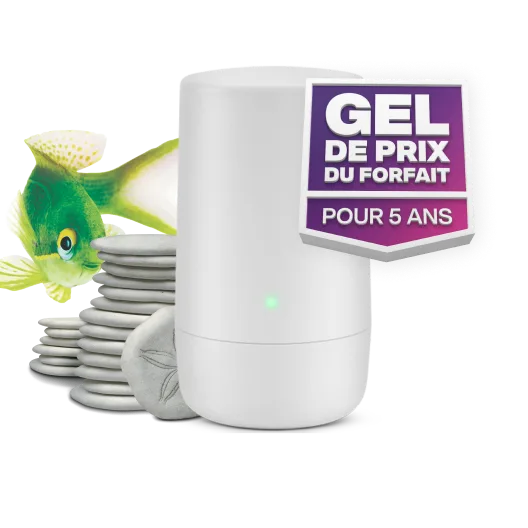 Un routeur Wi-Fi blanc à côté d'un poisson vert avec un badge indiquant « Gel de prix du forfait pour 5 ans ».