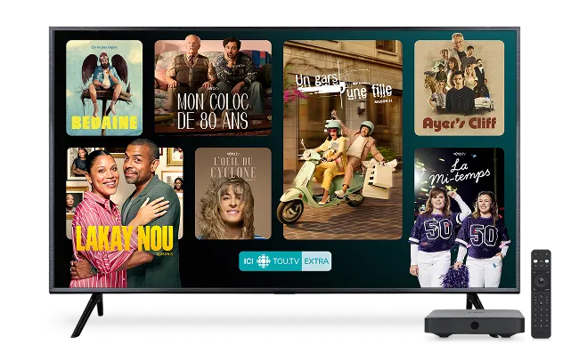 A TV, digital box and remote control. The TV displays several posters of popular available on ICI TOU.TV EXTRA.