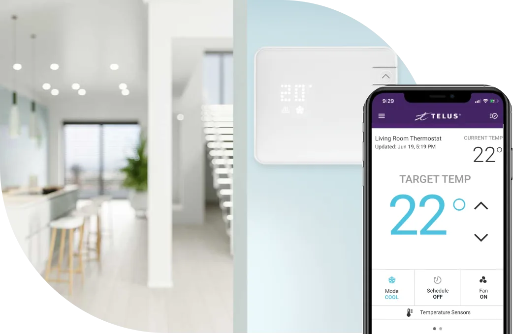 Un thermostat intelligent dans une résidence, illustrant la manière de le contrôler manuellement ou au moyen de l’application Maison connectée.