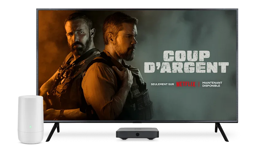 Un téléviseur, un boîtier numérique et un modem TELUS. L’écran du téléviseur montre l’affiche de la série “The Rip”.