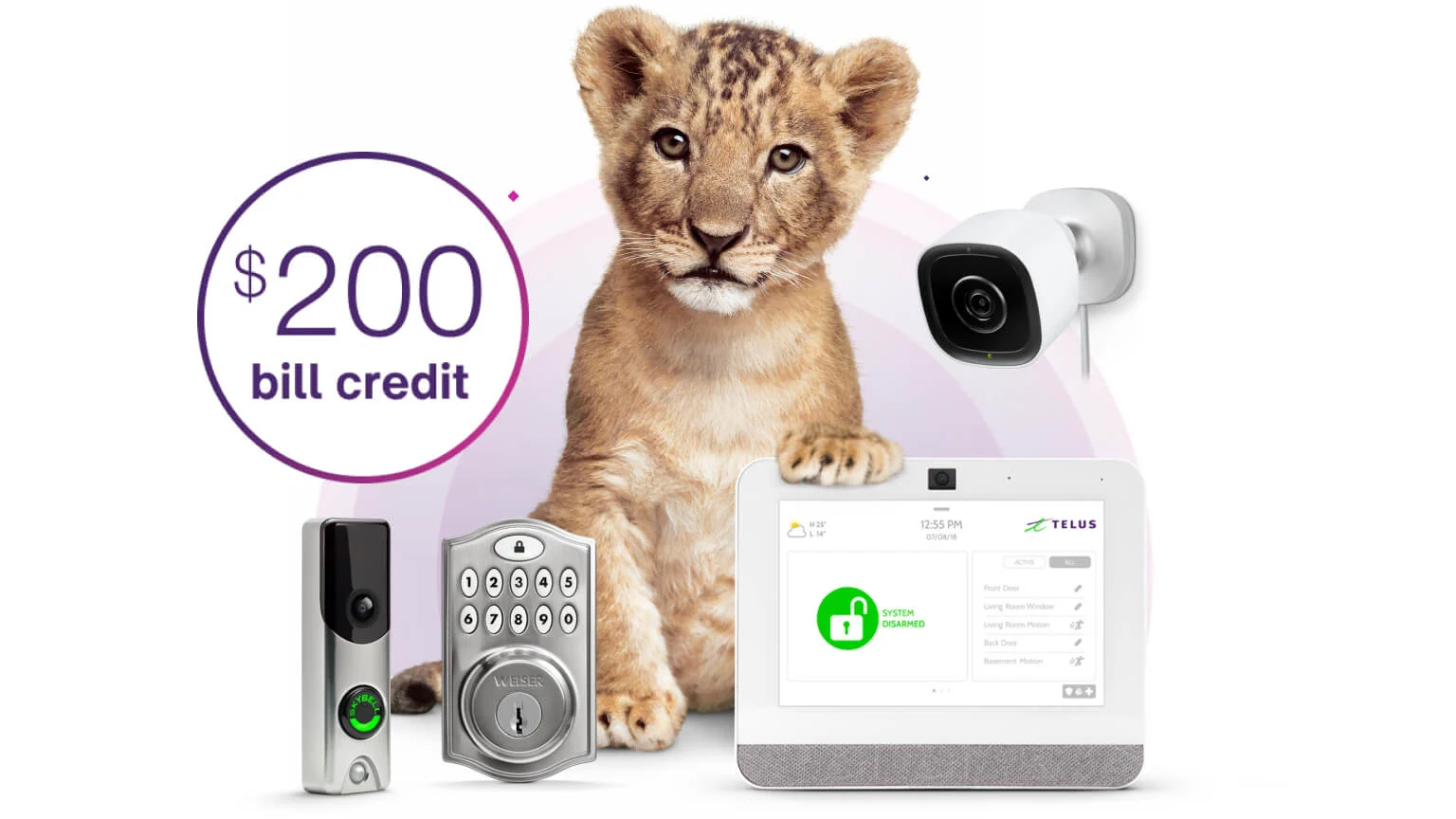 Lion cub surrounded by home security equipment, banner reading $200 bill credit