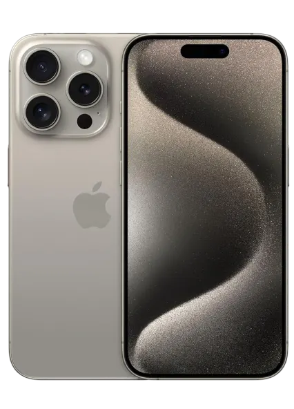 Back and front view of iPhone 15 Pro Max in Natural Titanium.