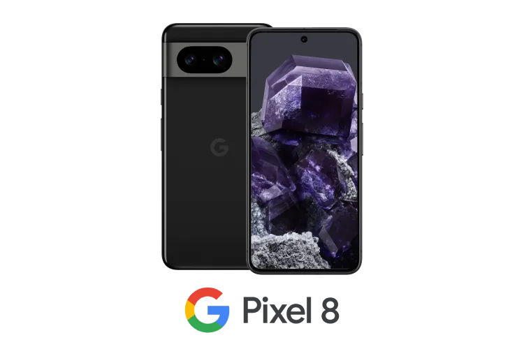 Arrière et avant du Google Pixel 8 en Noir volcanique surmontant le logo Google Pixel 8.