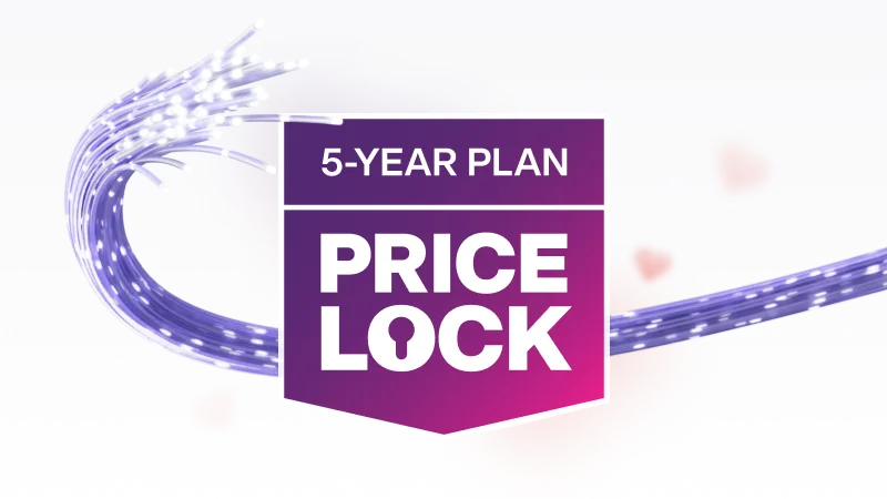 An image featuring the TELUS 5-year Internet rate plan price lock logo in a purple and pink gradient banner.