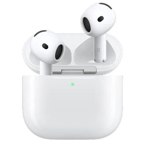A pair of AirPods 5 with Active Noise Cancellation inside a wireless charging case.
