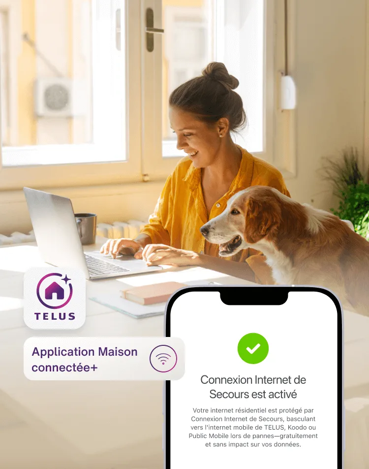 Une femme travaille de la maison à côté d’un écran mobile avec la fonction Connexion Internet de secours activée.