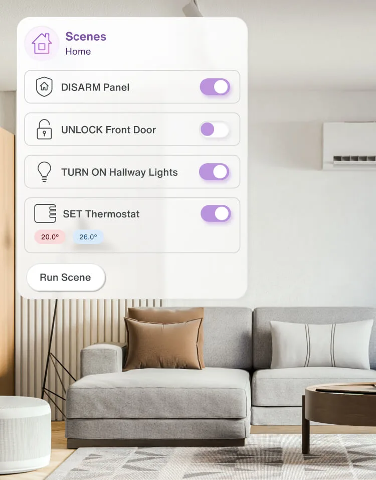 A split screen depicting a living room with an app alert and a lawn sprinkler with an app alert.