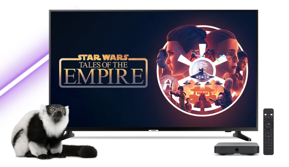 An Optik TV set top box and remote stand next to a TV with a Star Wars, Tales of the Empire poster on it. Behind everything, the purple blade of another sabre is visible. A lemur watches, loving the adventure.