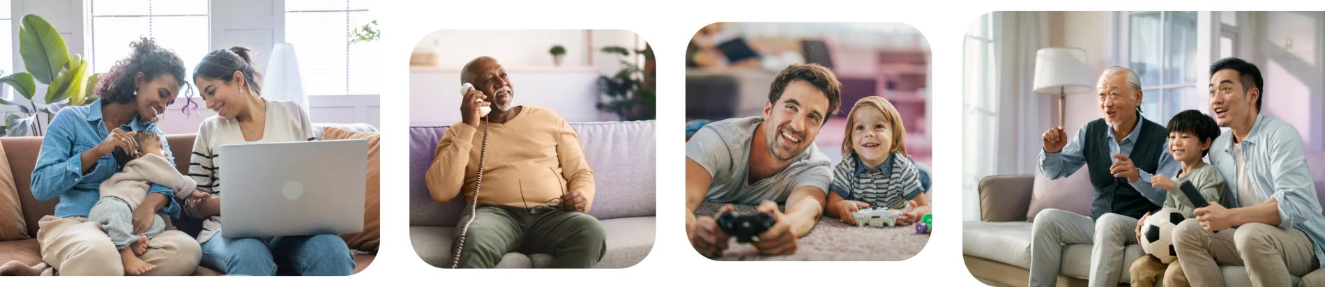 Image collage: A couple and a child viewing a laptop; a man speaking with a friend on a home phone; A father and son playing video games; a family streaming sports on Optik TV.