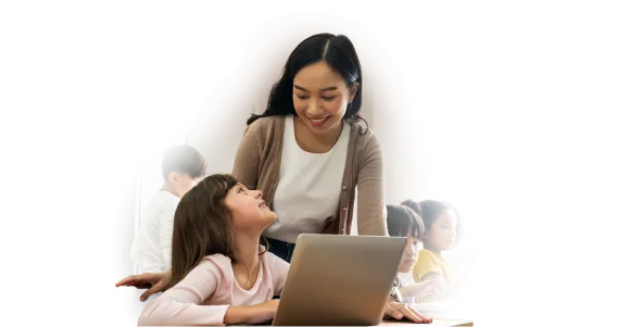 A woman viewing a tablet with a young child