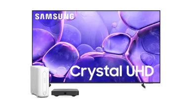 A Samsung Crystal UHD Television, TV Box and modem.