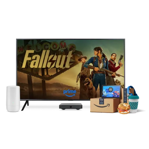 A TV, tablet, TELUS modem, digital box and Amazon parcels. The TV displays the poster for The Fallout.