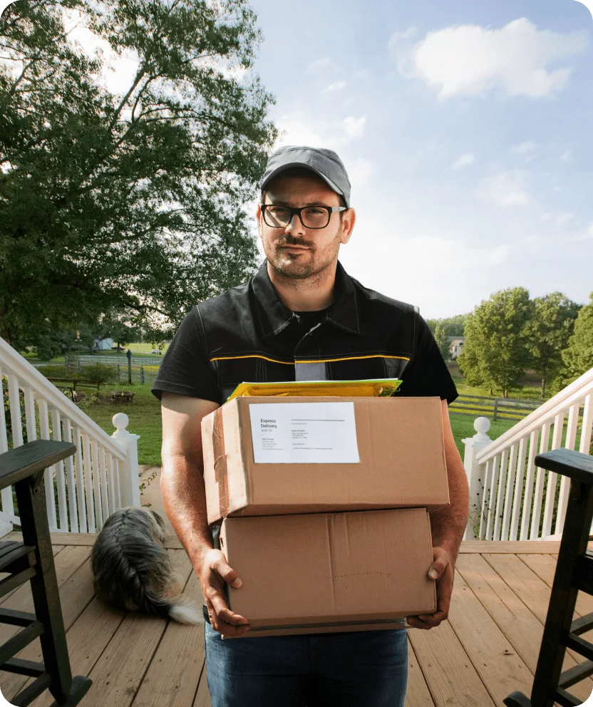 Delivery person holding packages on front porch