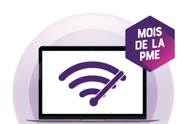 Écran d’ordinateur portable affichant une icône d’Internet fibre haute vitesse. Une cocarde indique « Mois de la PME ».