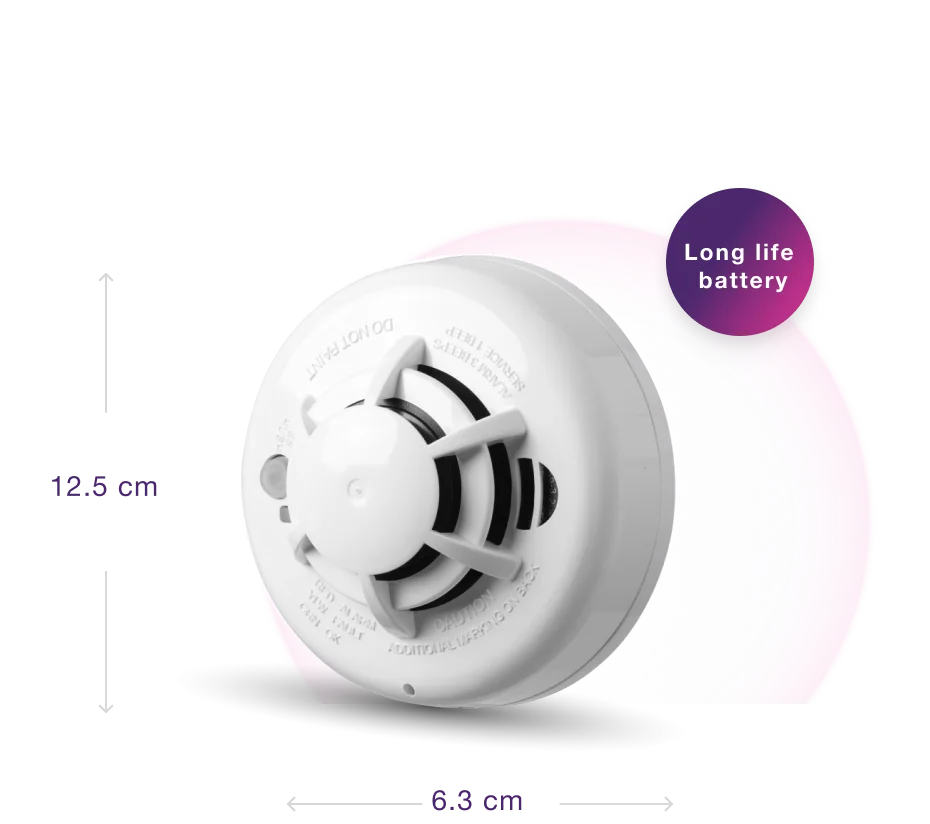 Showing the measurements of the Smart Smoke Detector, 12.5cm x 6.3cm, and that it has a long life battery.