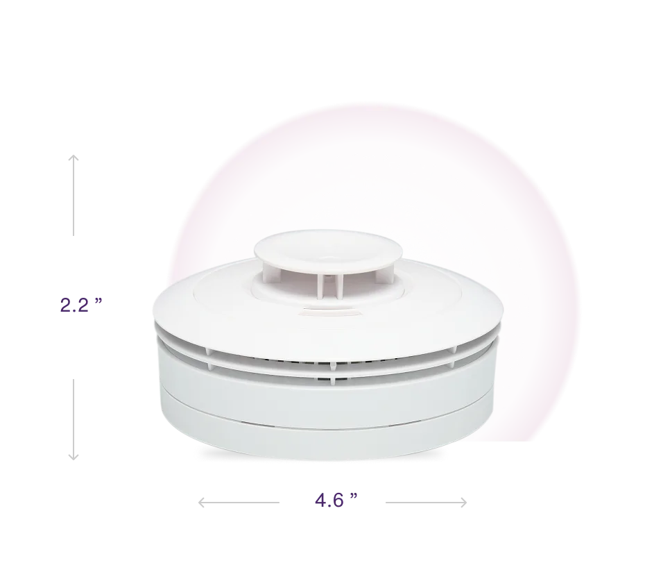 Showing the measurements of the Smart Smoke Detector, 2.2inch x 4.6inch, and that it has a long life battery.