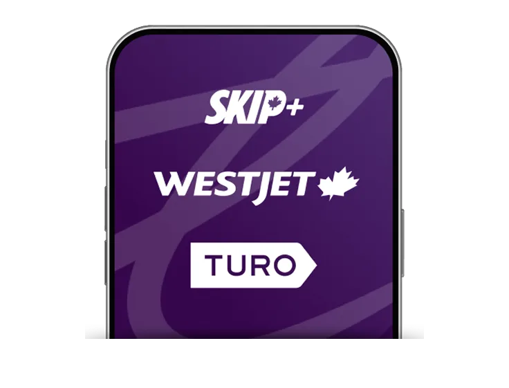 The top half of a smartphone displaying Skip+, WestJet, and TURO brand logos on a purple TELUS Rewards branded background.