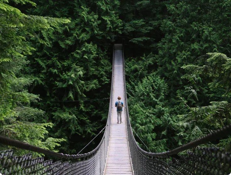 Personne traversant un pont de cordage dans une forêt. 