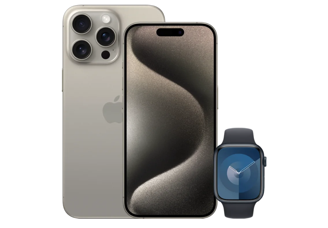 iPhone 15 Pro Max de couleur Titane naturel à côté de l’Apple Watch Series 9 avec boîtier en aluminium Minuit et bracelet sport Minuit.