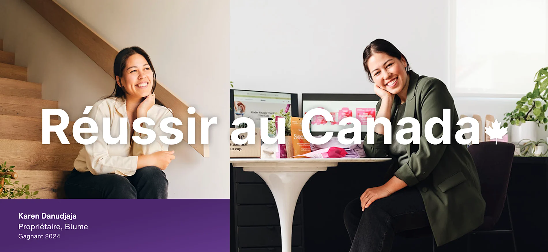 La gagnante de 2024, Karen Danudjaja, propriétaire de Blume, est assise à un bureau avec deux écrans et des plantes. Le texte superposé dit « Made it in Canada » avec une feuille d'érable.