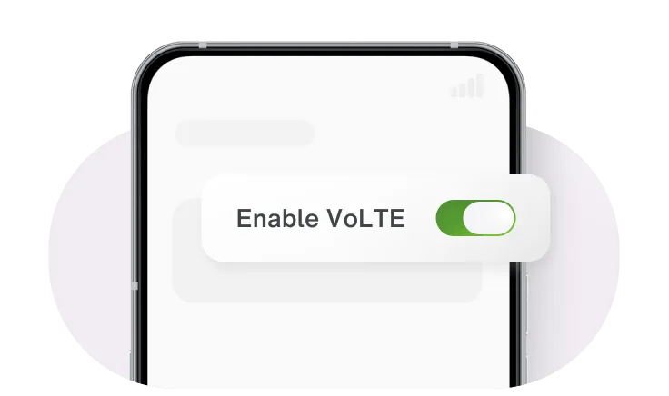 A close-up of a smartphone screen showing an interface overlay with the text "Enable VoLTE" next to a green toggle switch that is flipped to the "on" position.