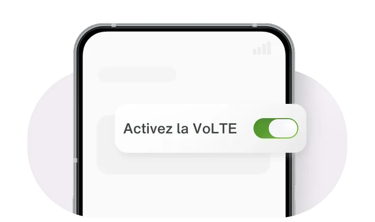Un gros plan de l'écran d'un téléphone intelligent montrant une interface superposée avec le texte « Activer la VoLTE » à côté d'un commutateur vert en position « activé ».