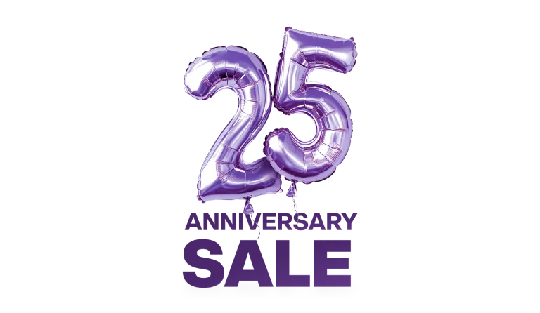 Large, shiny purple balloons form the number 25 and float above text that reads “Anniversary Sale”.
