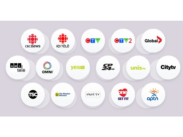 Logos for over 38 channels available in the Live TV core channels