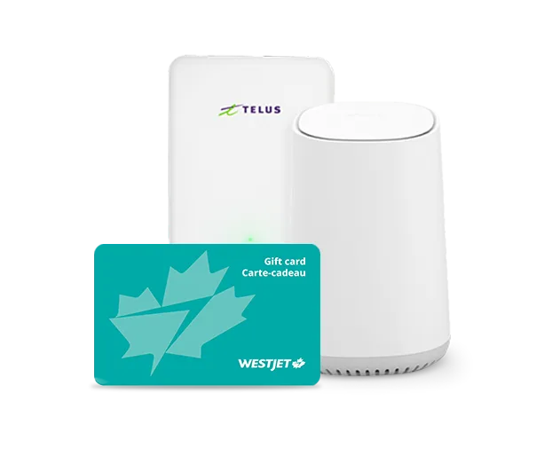 A WestJet gift card and two TELUS Wireless Home Internet devices.