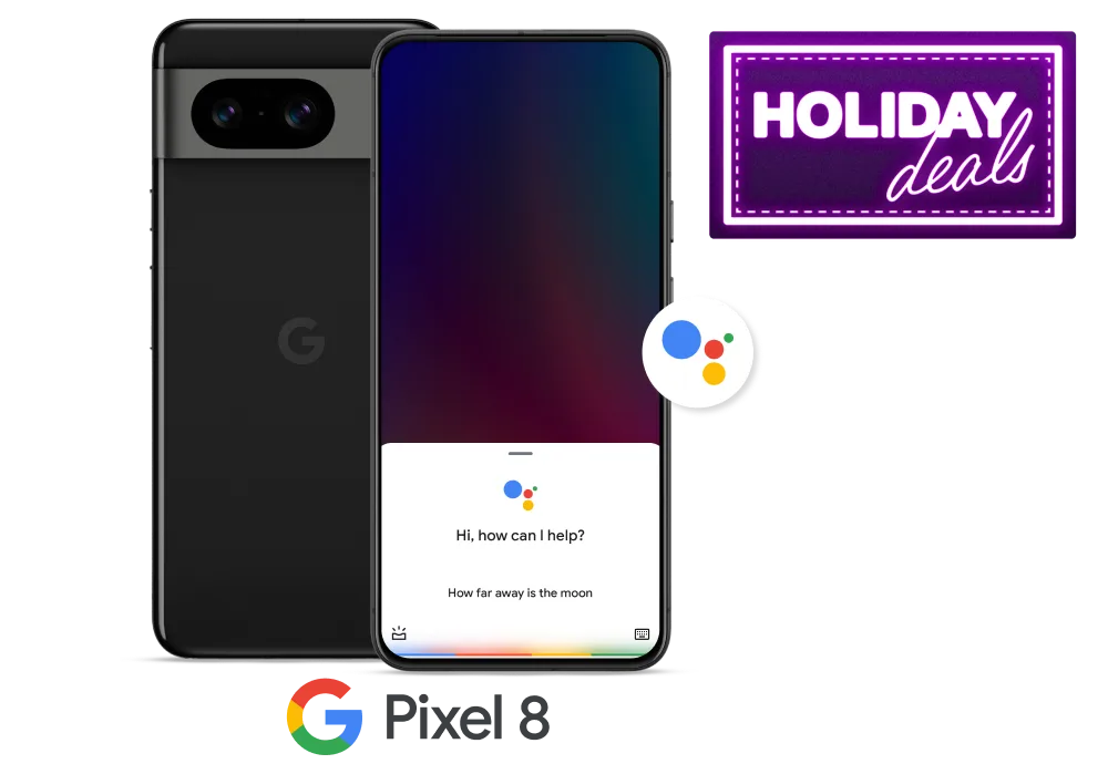 Two Google Pixel 8 phones standing side by side. One is displaying its screen, and the other is displaying its black exterior and camera lenses. Next to them is a round neon logo that reads, “Holiday deals”.