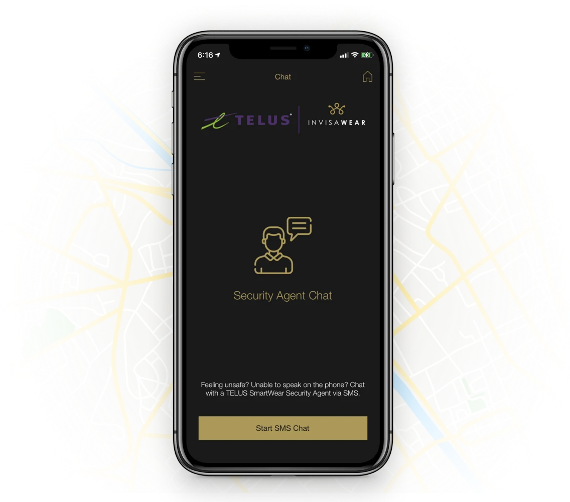 The Security Agent Chat screen on the TELUS SmartWear Security InvisaWear App