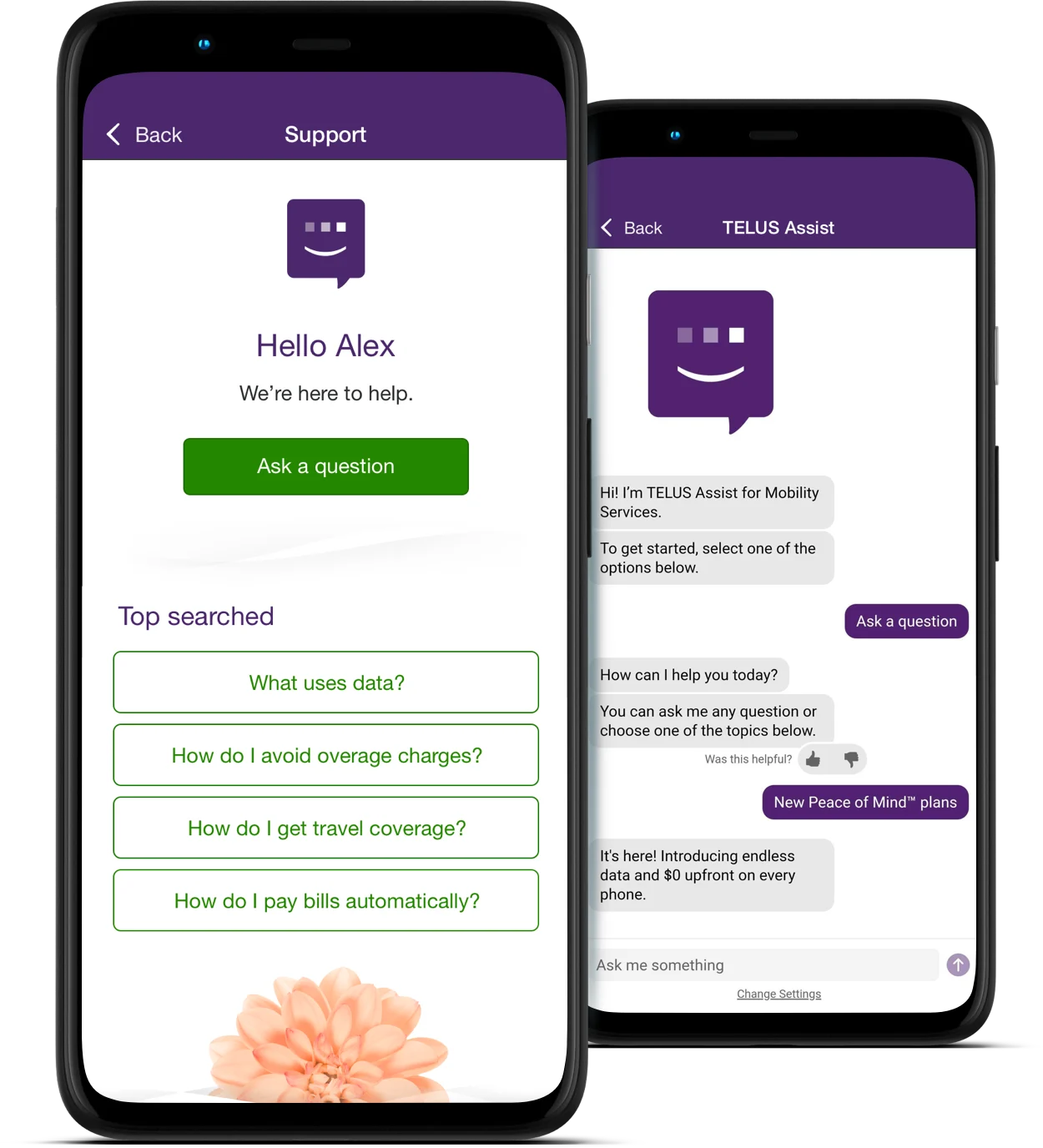 Two smartphones with the My TELUS app open. The first screen displays a customer support menu and the second screen displays a support chat with a virtual assistant.