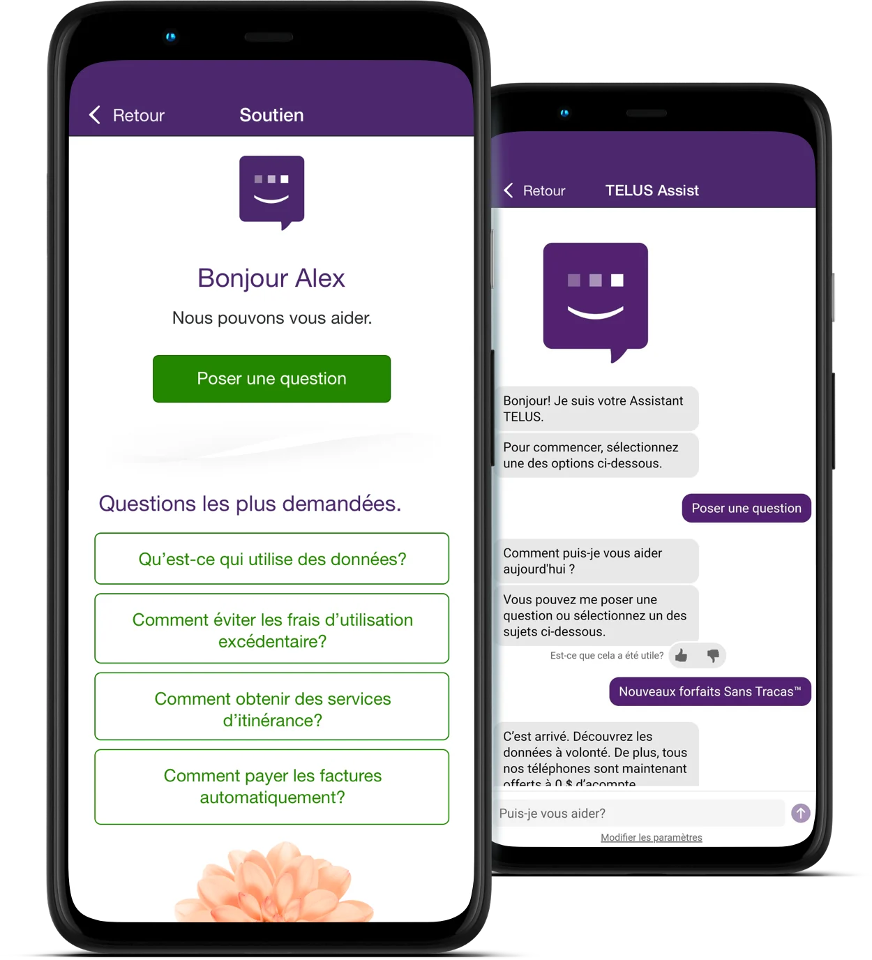 Deux téléphones intelligents montrant l’appli Mon TELUS. L’un montre un menu de soutien et l’autre, un clavardage de soutien avec l’Assistant virtuel.