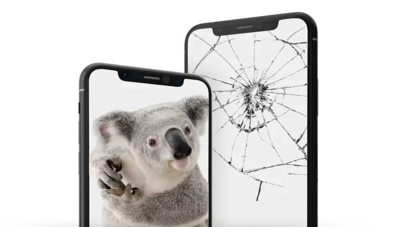 A smartphone displays a koala bear next to a smartphone featuring a cracked screen.
